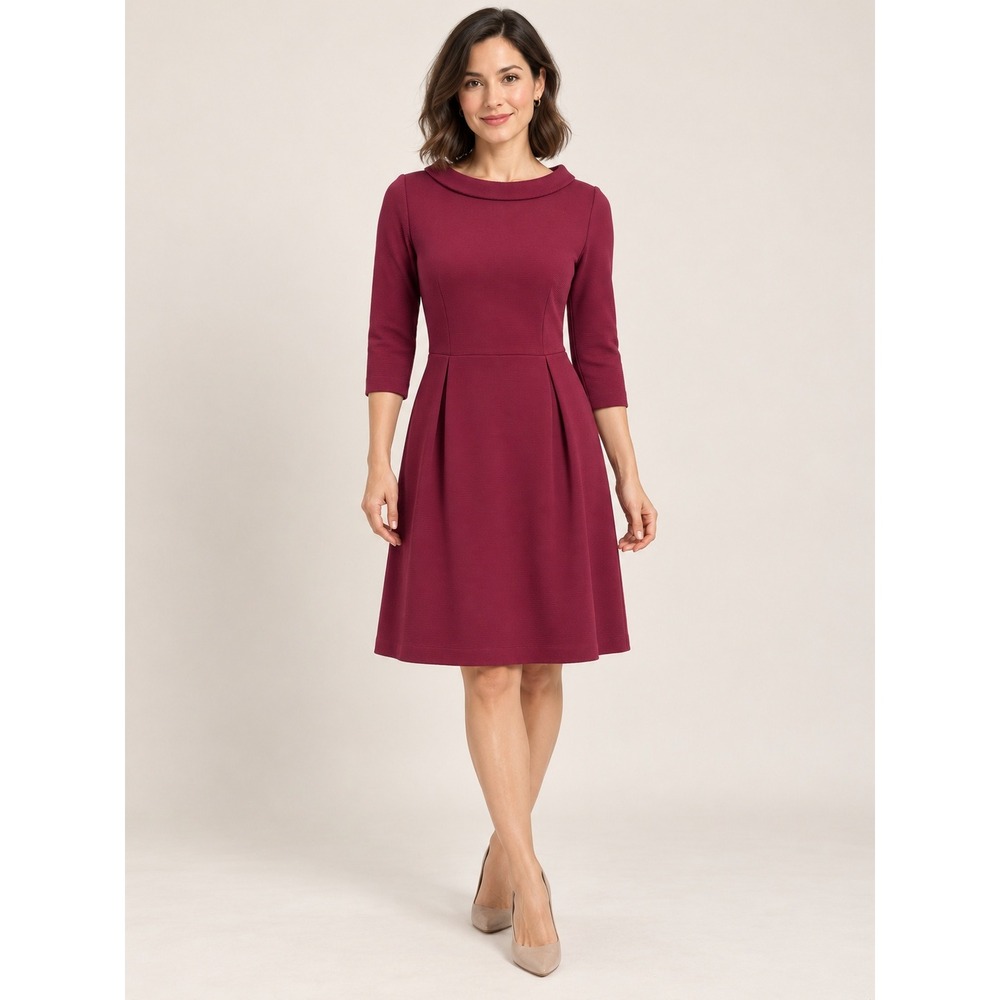 Boden Fit Flare Dress Womens 4P Preppy Berry Ribbed Portrait Collar 3/4 Sleeve